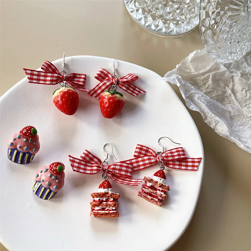 1Pair Ins Sweet Bow Ribbon Acrylic Strawberry Cake Pendant Earrings For Girls Women Gift  Lovely Jewelry Quality Drop Earrings