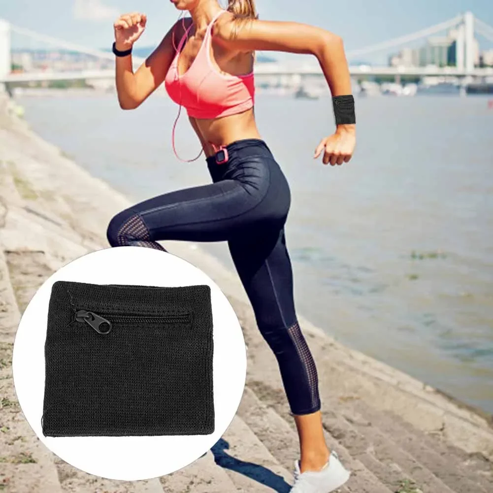 Sports Wristband Purse Bag with Zipper Wrist Absorbent Sleeve Towel Band Outdoor Running Travel Bike Key Pocket