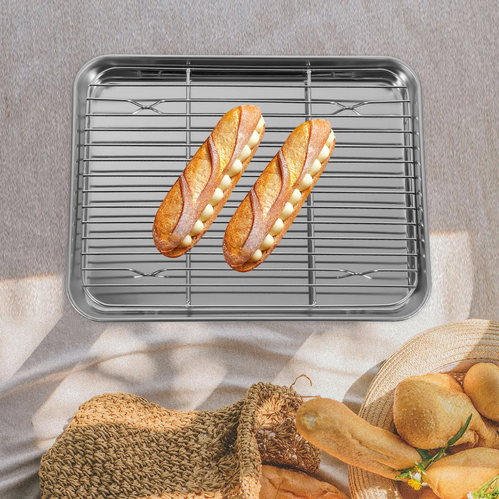 

2 Pieces Rectangular Stainless Steel Baking Sheet Tray Set Removable Cooling Rack Dishwasher Safe Healthy Non-Coated Baking Pan
