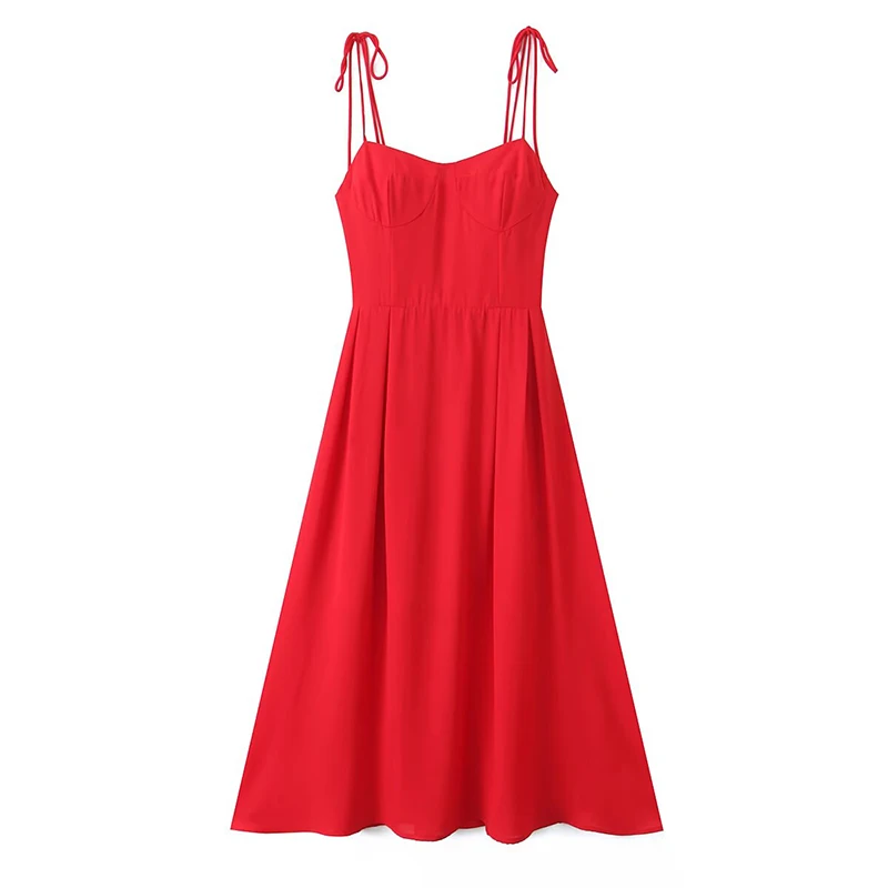 

2025 Women French Style Red Spaghetti Straps Dress Summer Female Sexy Backless V Neck A-line Midi Party Robe High Street Vestido