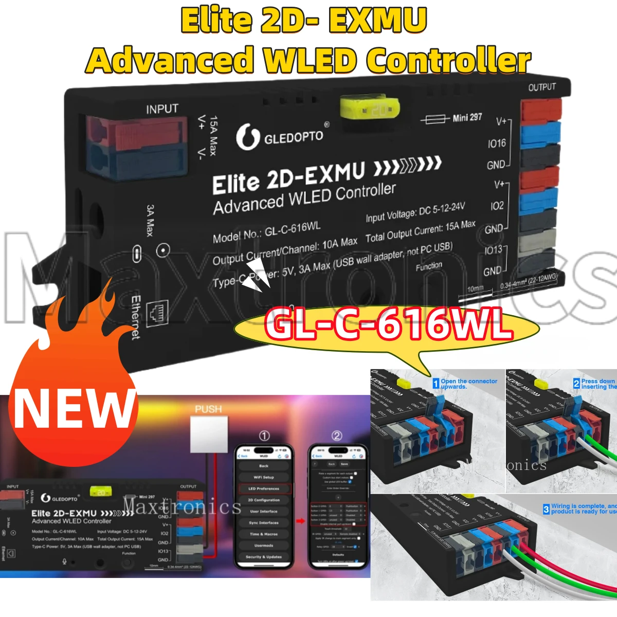 GL-C-616WL GLEDOPTO ESP32 WLED LED Controlle Elite 2D EXMU Advanced with MIC 20A Fuse DIY Dynamic Light FOR WS2812b SK6812 Strip