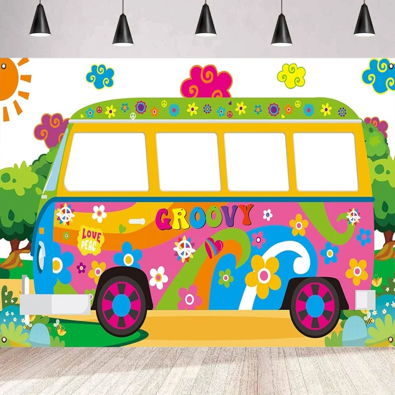 Photography Backdrop Hippie Bus Photo Prop Groovy Party Decoration Van Prop Selfie Background Wall Poster Banner Birthday Party