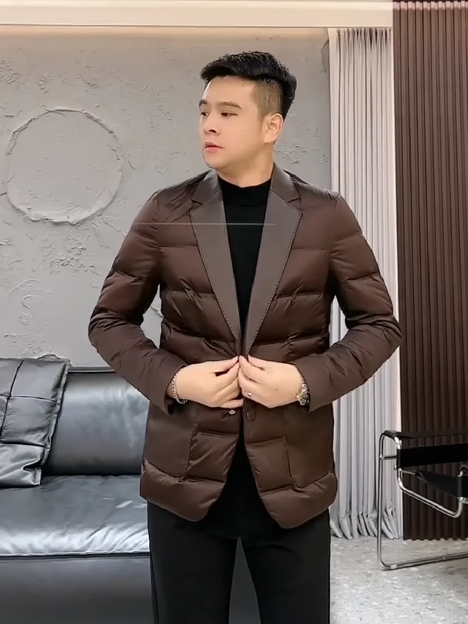 

Men's Casual Faionable White Du down eepskin Busin Suit Winter Jaet Stand Fit Long Sve Regular Length