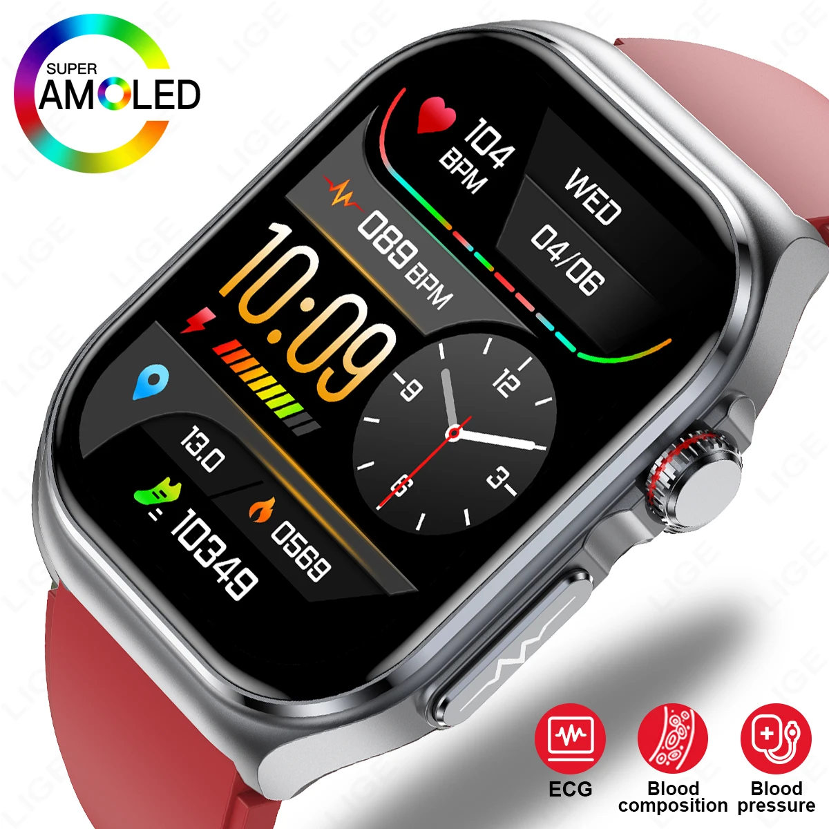 

LIGE AMOLED Smart Watch ET585 Men Blood Compositoin Health Monitoring Bluetooth Call Women Sports Fitness Tracker Smartwatch ECG