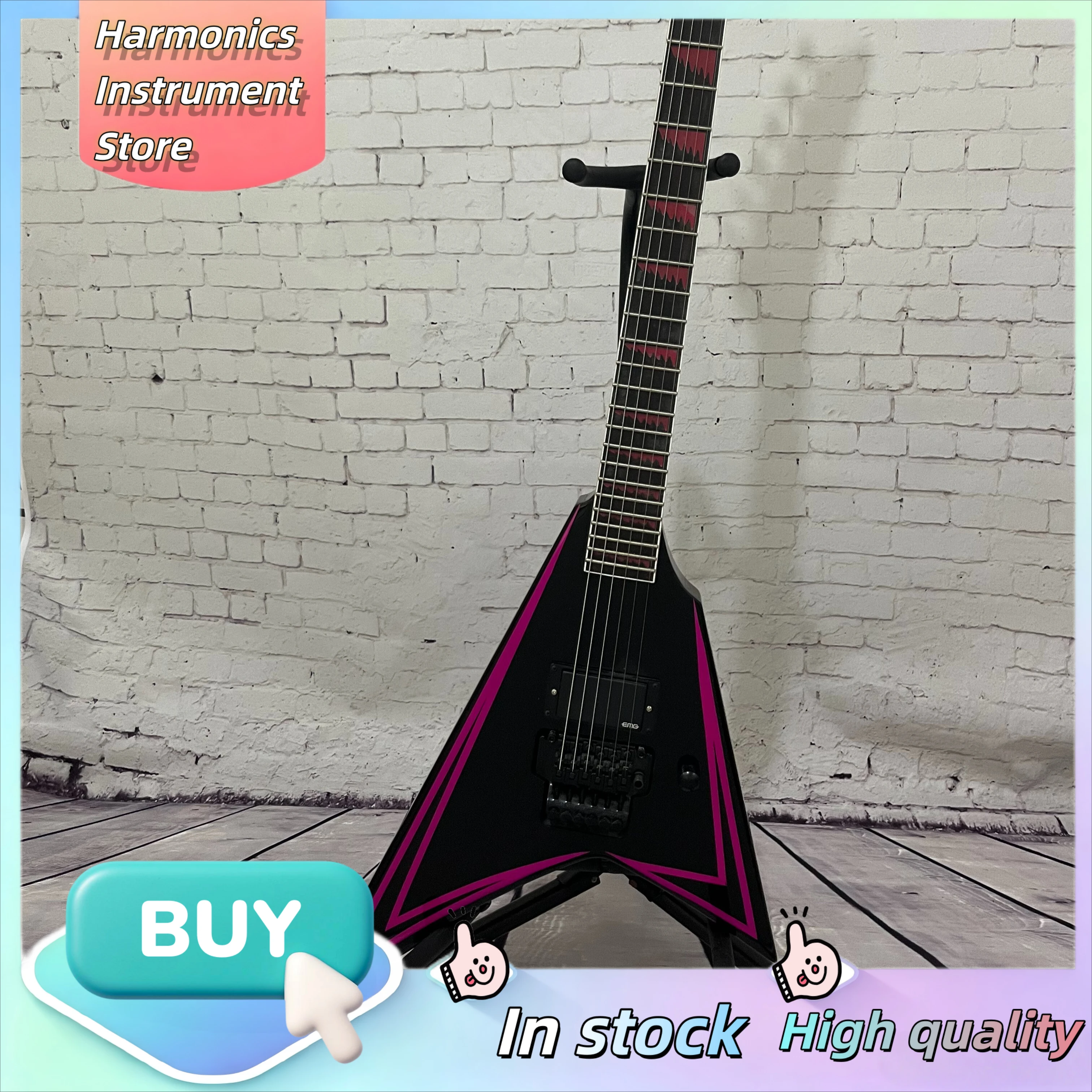 V‑Style 6‑String Electric Guitar Black Body with Pink Geometric Inlay Double Tremolo Bridge Hard Rock & Metal Stage Performance