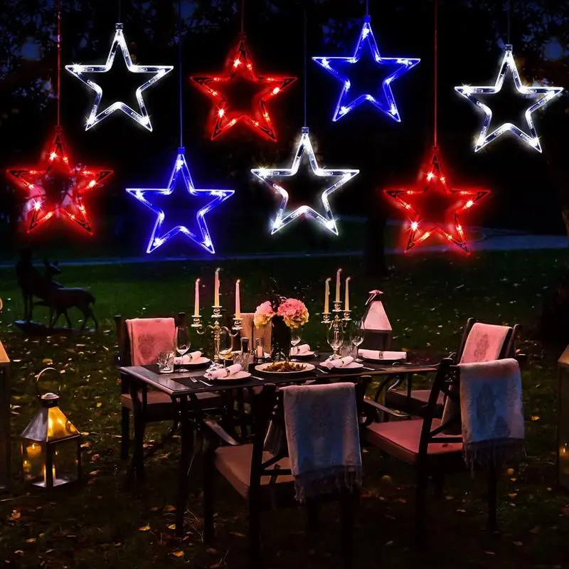 Fourth Of July Lights LED Party Lights Window Lights Battery Operated Ambient Lighting For Memorial Day Star Lights With Suction