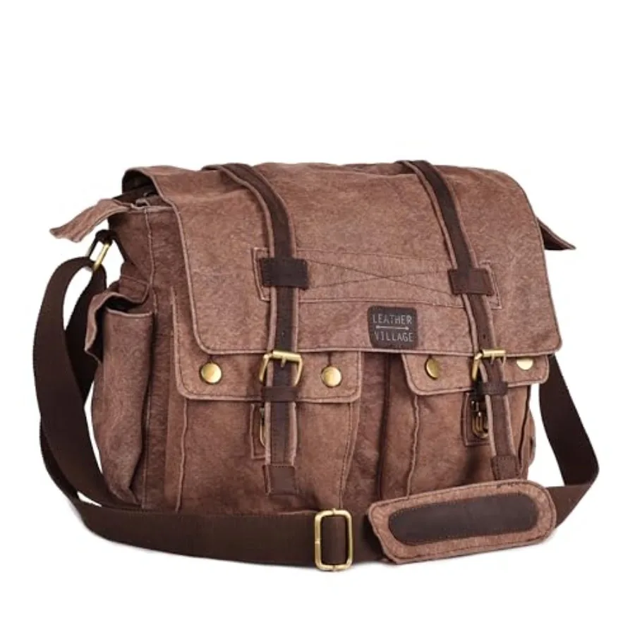 LEATHER VILLAGE Canvas Messenger Shoulder Bag for Men and Women Stylish Crossbody Satchel for Office Travel and Daily Use