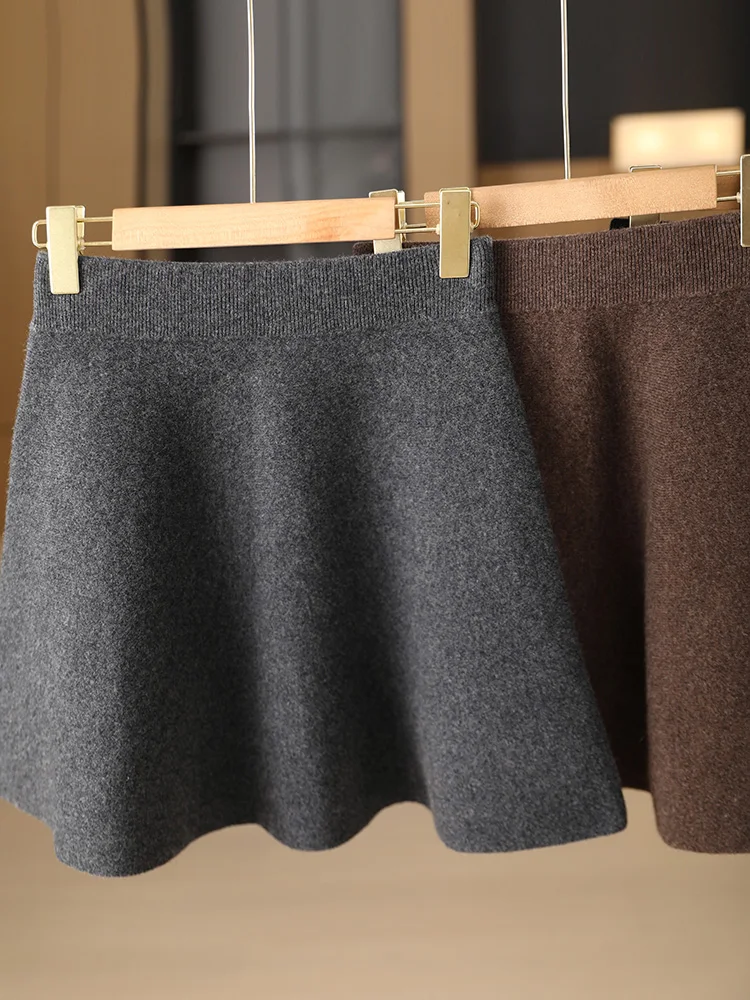 

Sweet Women's Skirts 100% Merino Wool Skirt Autumn Winter Miniskirt Wave A-Line Skirt Elastic Waist Female Skirts Knitted Dress