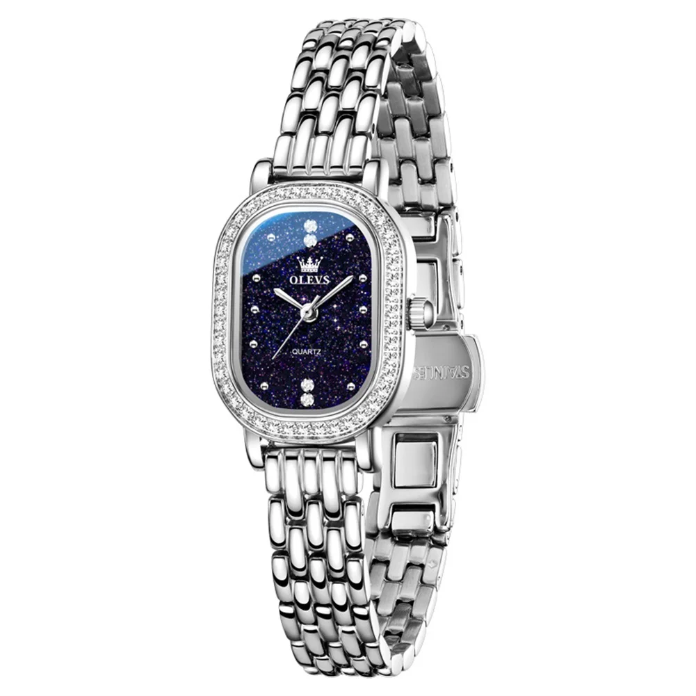 OLEVS Women Quartz Watch Oval Diamond Bezel Starry Sky Dial Stainless Steel Bracelet Ladies Fashion Wristwatch Female Gift