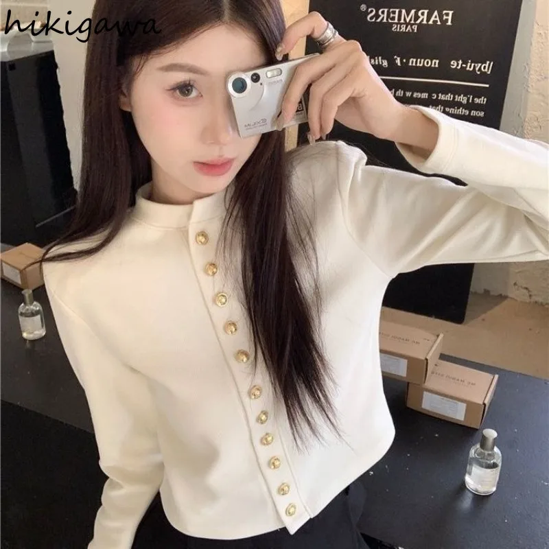 Women\'s Metal Button Knitted Blouse for Women Crop Tops O-neck Long Sleeve Tunic Shirts Chic Temperament Camisas De Mujer 2024