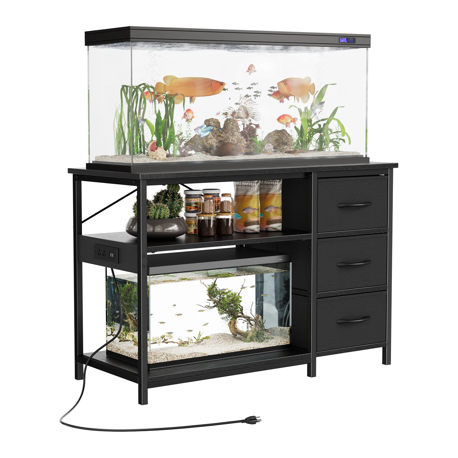 55-75 Gallon Aquarium Stand, Heavy Duty Fish Tank Stand with Drawers & Shelves, LED Light, 1000lbs Capacity, Fish & Reptile Tanks Stand with Power Outlet & USB