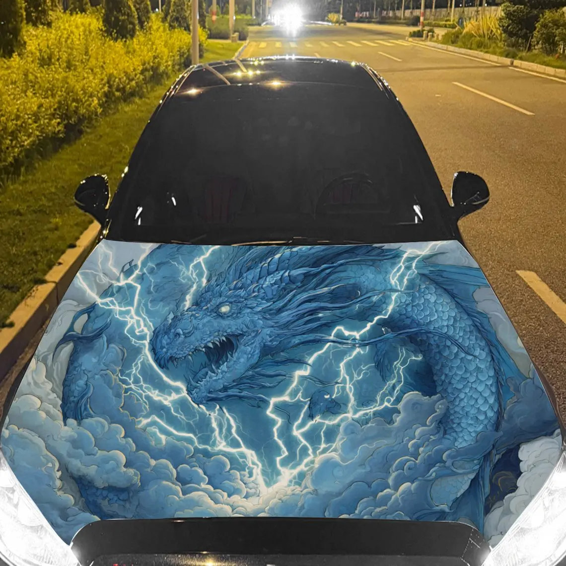 Dynamic Blue Lightning Car Hood Stickers - Self-Adhesive, Waterproof and Durable Vinyl Wrap, Decorate And Protect Your Car, Fit
