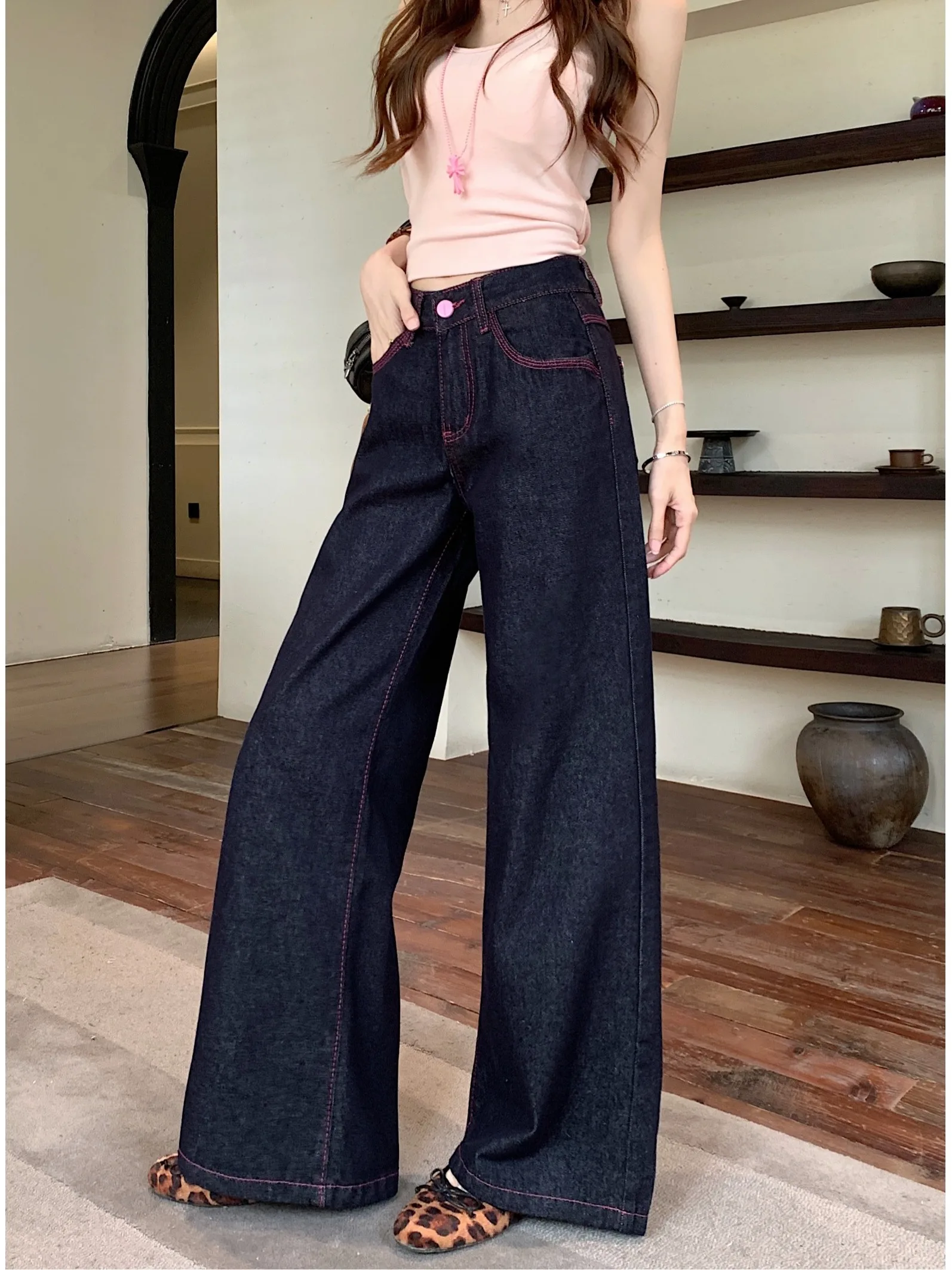 

Low Waist Wide Leg Denim Jeans Women Loose Slimming Straight Floor-Length Pants Trendy Commute Style Color Soft Fabric