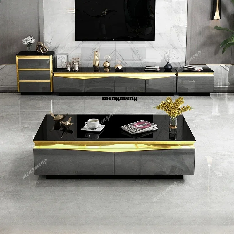 Best seller Luxury gold-plated coffee table TV cabinet combination living room simple modern size apartment black glass TV cabin