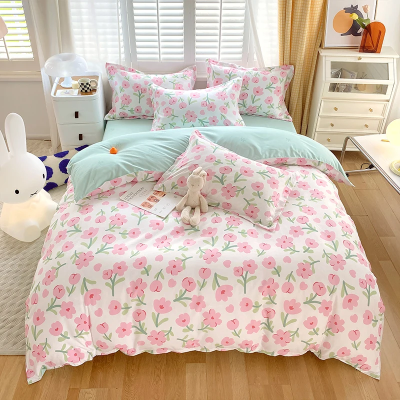 

Пододеяльник Girly Pink Flower, комплект постельного белья из 4 предметов, весенний пододеяльник с цветочным принтом, полиэстеровый пододеяльник, 1 плоская простыня и 2 наволочки