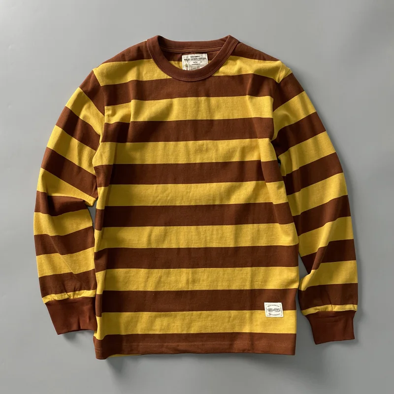 Heavyweight Pure Cotton Long Sleeve T-Shirt Men's Vintage Nautical Striped Base Layer Shirt Loose Fit Black White Crew Neck image 3
