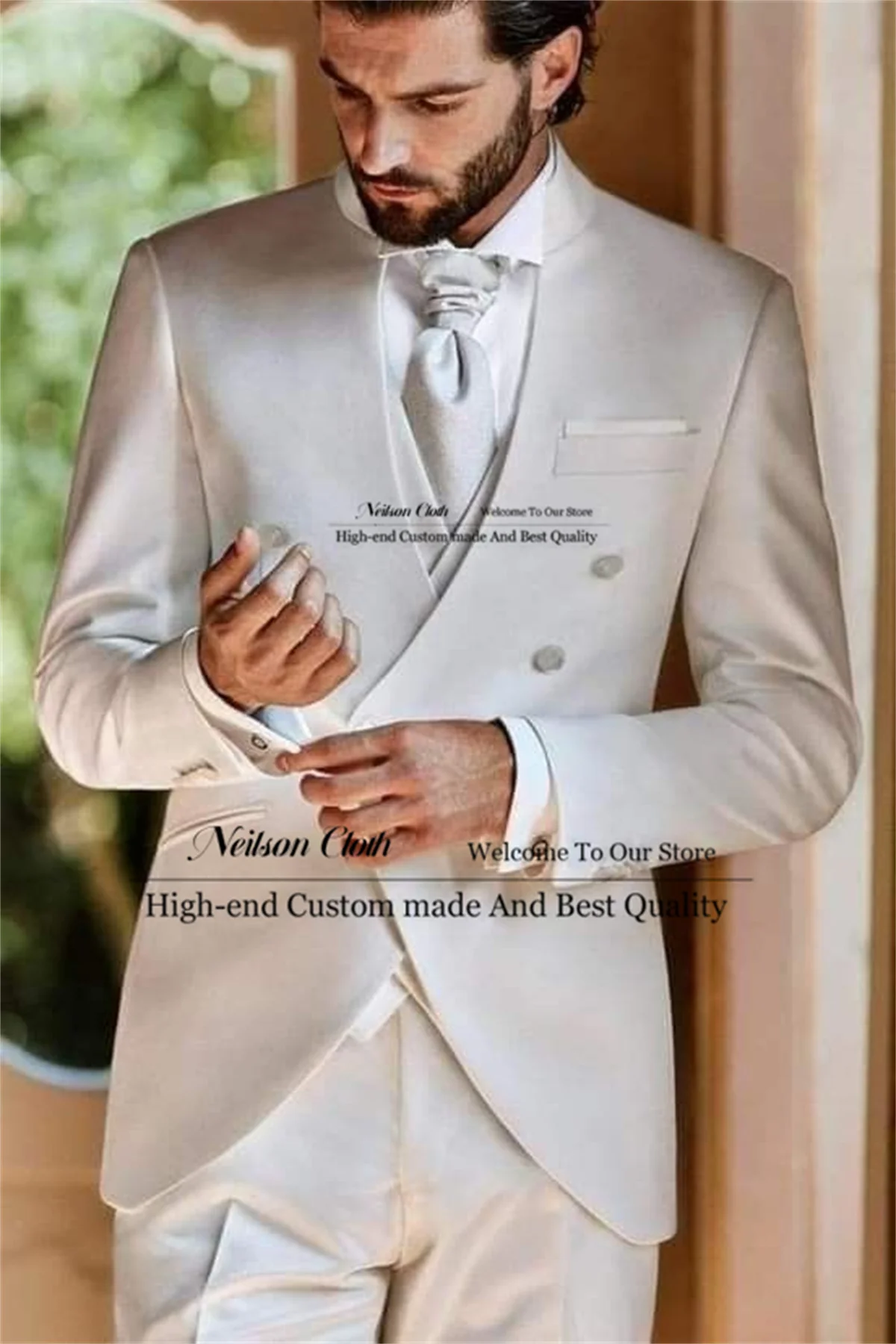 

Fashion Double Breasted Male Prom Blazers 3 Pieces Sets Stand Collar Groom Wedding Tuxedos Customized Business Costume Homme