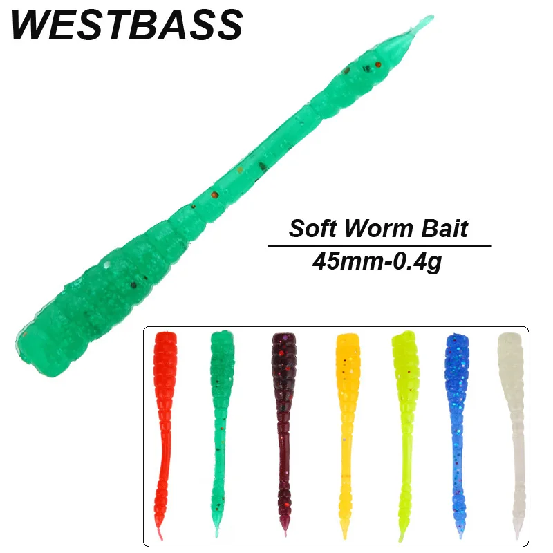 WESTBASS 50PCS Micro Worm Baits 45mm-0.4g Silicone Larva Wobblers Rubber Shrimp cebos Artificial Swimbait Pike Isca kit de pesca