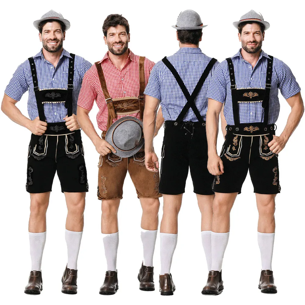 

Halloween Men German Oktoberfest Lederhosen Costume Short Sleeve Plaid Shirt Suspenders Set Beer Festival Male Cosplay