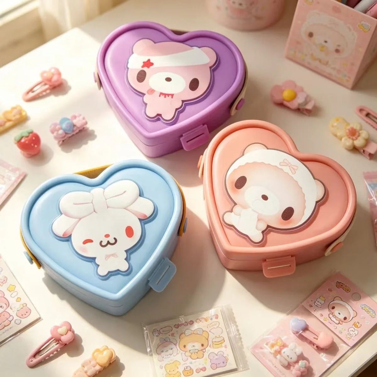 Gloomy Bear Heart Shaped Trinket Box with Mirror Portable Compartment Hair Accessories Organizer Cartoon Gift