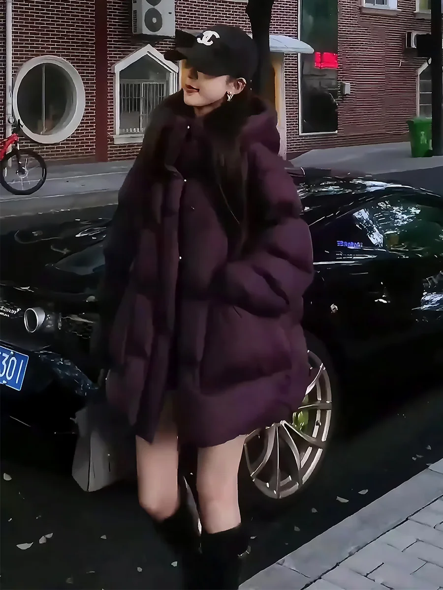 여성용 오트 퍼플 클라우드 폼다운 재킷 후드티 스탠드 칼라 겨울 따뜻한 아우터웨어 출퇴근용 슬레 두 페더