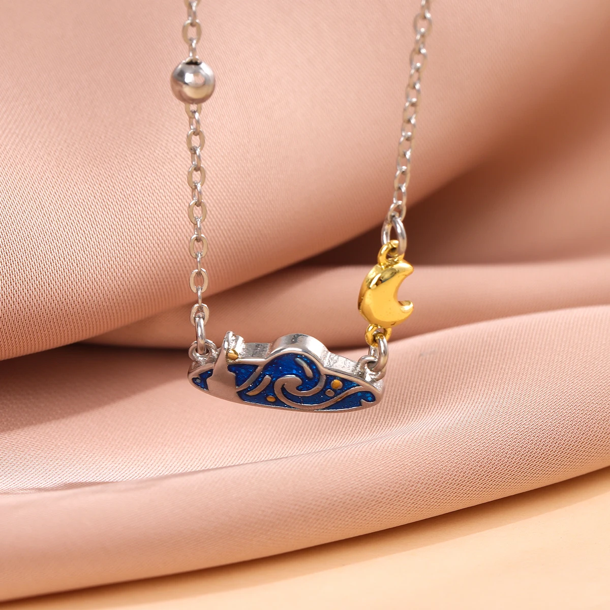 New Creative Van Gogh Star Personality 925 Sterling Silver Blue Epoxy Gold Color Moon Cloud Clavicle Chain Necklaces  XL124