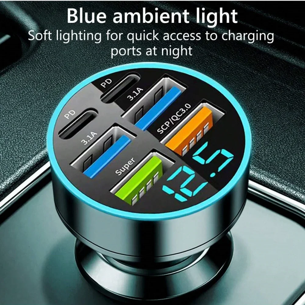 Digital Display 6 In 1 USB Type C Charger Car Charger Fast Charging Car Mobile Phone Adapter For iPhone 16 Xiaomi Samsung Huawei