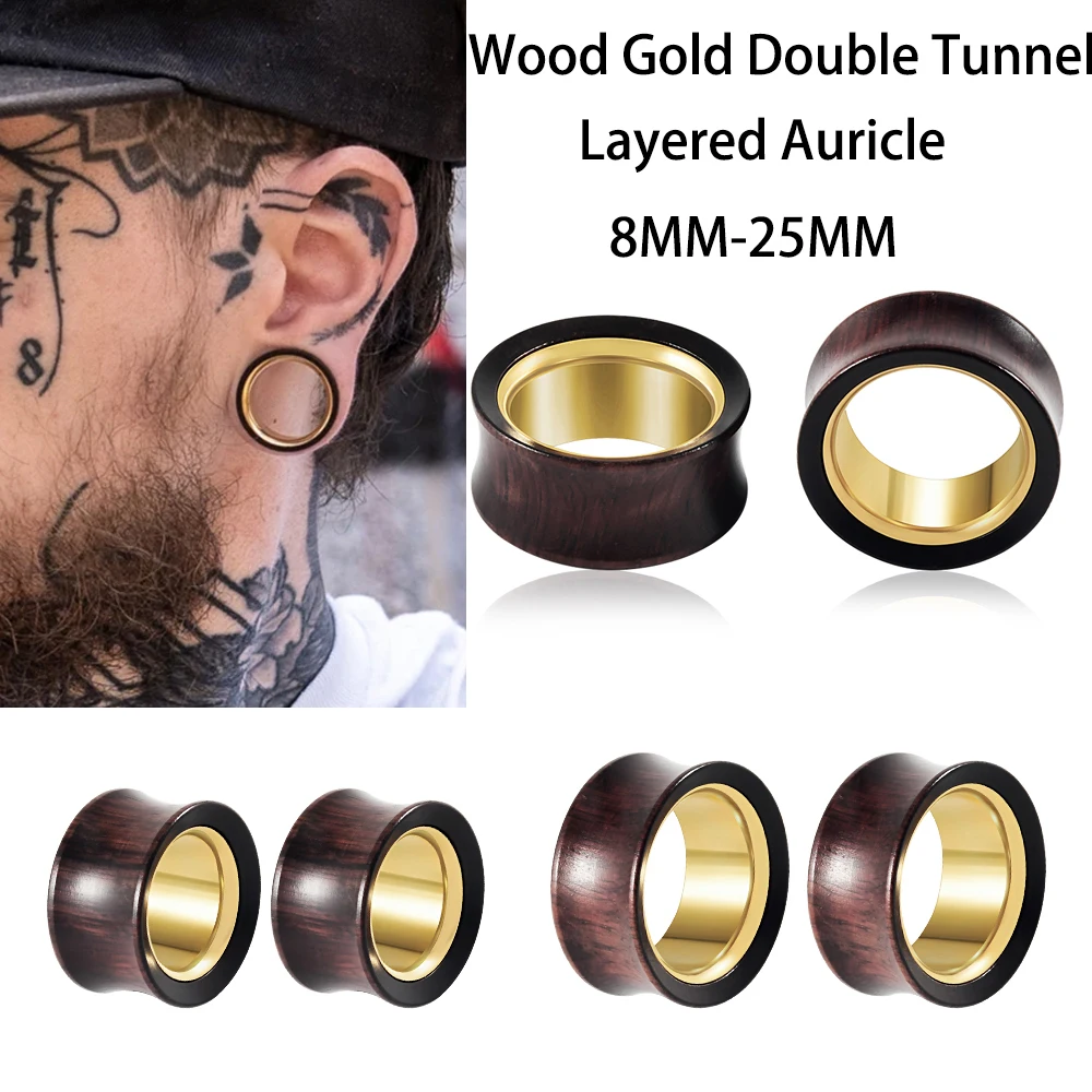 Dreamlee 2Pcs Ear Flesh Tunnel Double Layered Auricle Saddle Plug Expander Wood Steel Guage Strehcers Earrings 8-25mm Jewelry