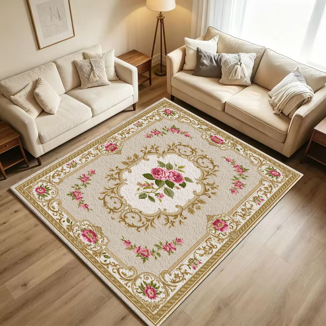 European Royal Baroque Rose Carpet Flooring Beige Base Golden Scroll Frame Pink Rose Ornament Symmetrical Art Pattern Printed Floor Rug for Household Indoor Luxury Home Decoration