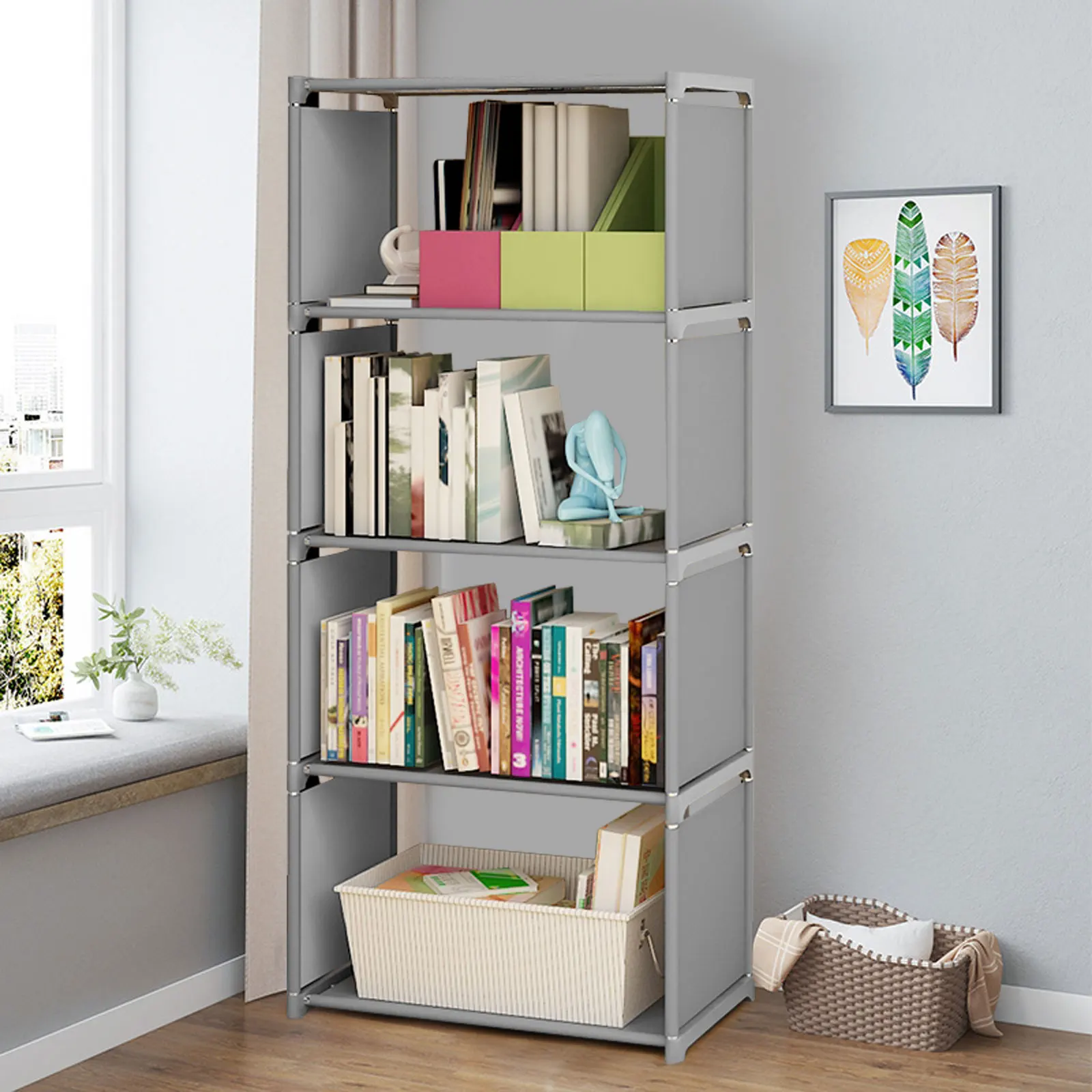 4 Tiers Grey Bookshelf Waterproof Bookcase Book Storage Shelve Stand Display Holder Metal & Woven Fabric High stability