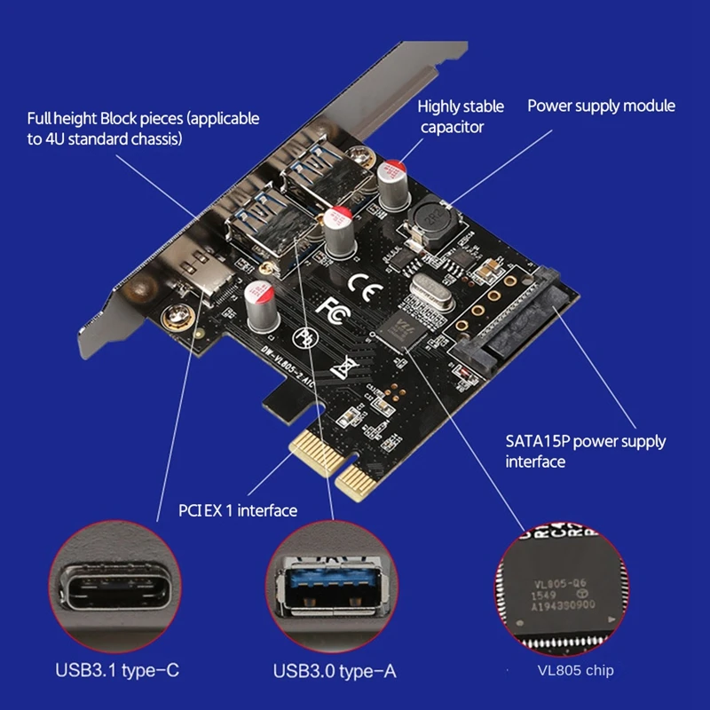 Top-PCIE To USB 3.1 Type C Expansion Card PCI-E To 1 Type C And 2 Type A 3.0 USB Adapter PCI Express Riser Card For Desktop