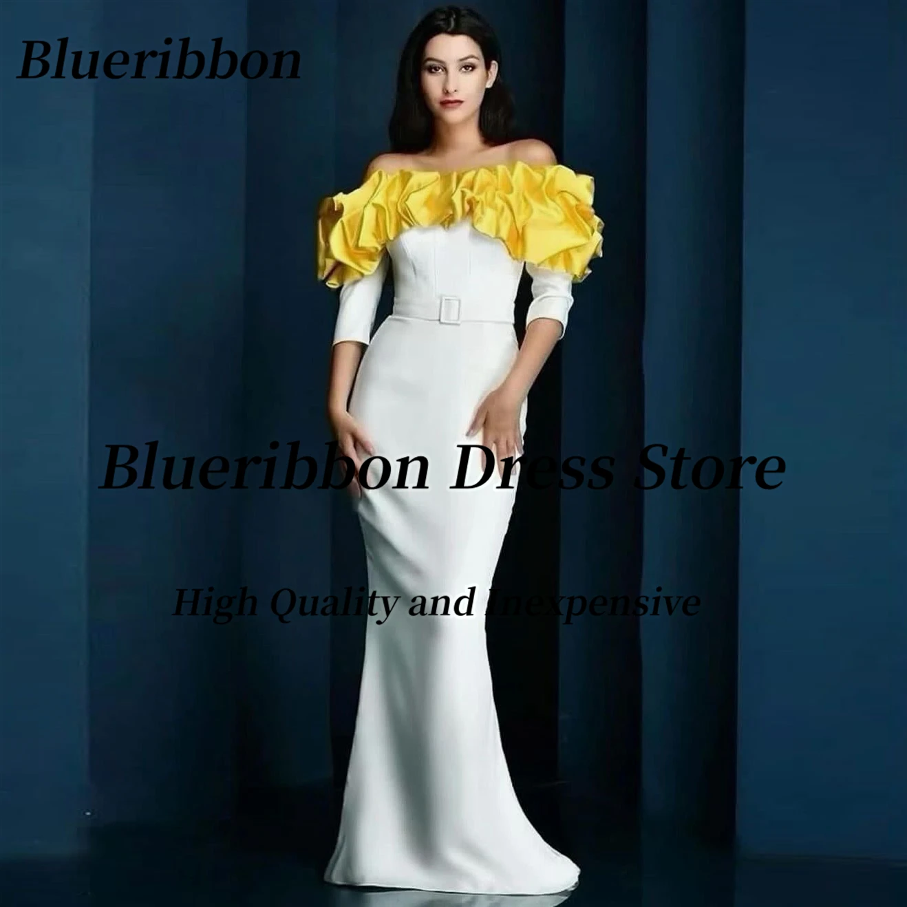 

Blueribbon Elegant Ladies Wear Mermaid Prom Dresses Ruffles Bateau Neck Formal Occasion Dress Three Quarters Evening Party Gowns