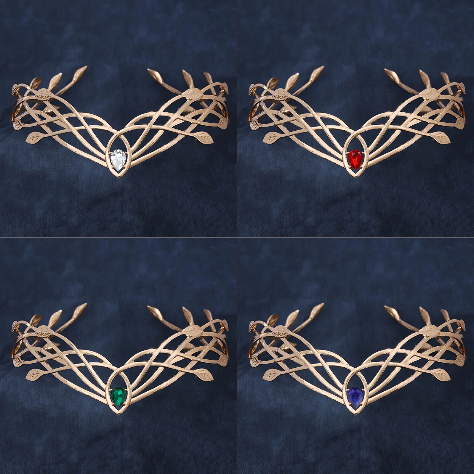 Luxury Tiaras Headbands for Women Leaf Crystal Crown Goddess Cosplay Forehead Round Elves Crowns Bridal Hair Accessories