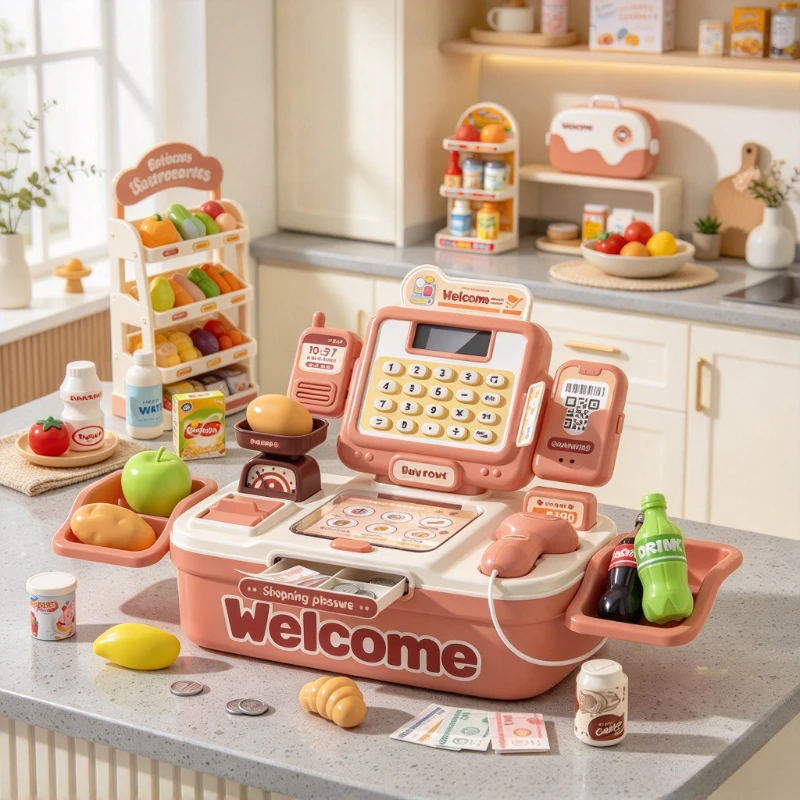 Kids Toy Cash Register with Scanner, Pretend Weighing Scale, Calculator and Microphone for Checkout Games and Shopping Play