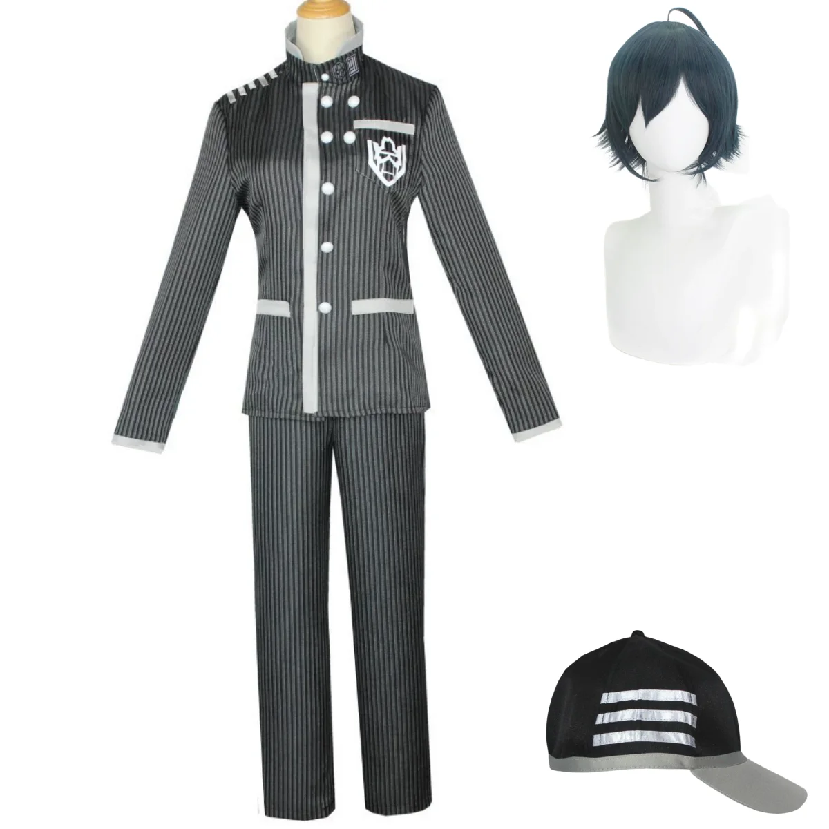 

Anime Game Saihara Shuichi Cosplay Costume Black Stripe Uniform Full Set Tops Hat Wig Adult Man Woman Halloween Carnival Suit