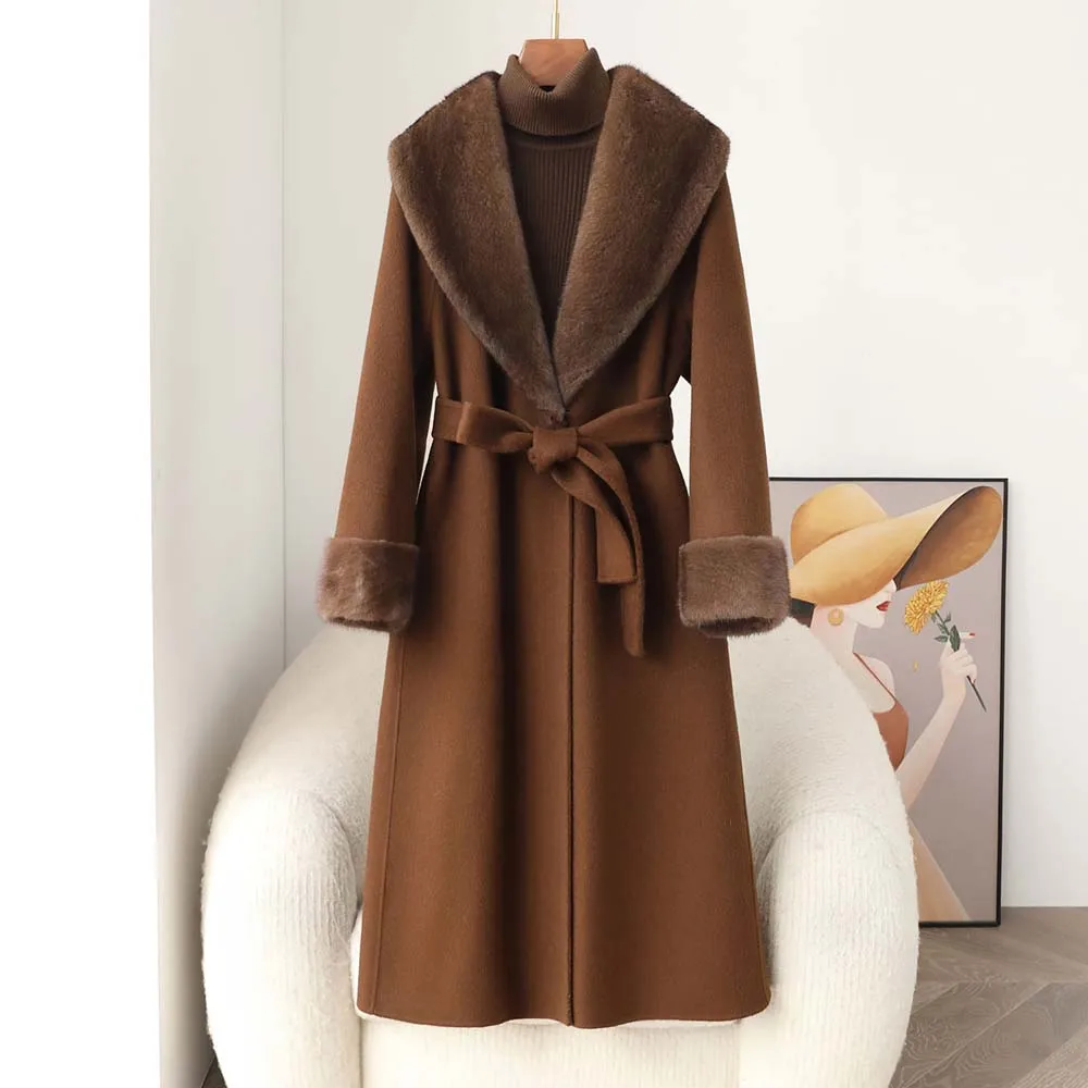 

Высококачественное двустороннее кашемировое пальто с воротником из норки для женщин, осень/зима 2023, новое двустороннее шерстяное пальто средней длины