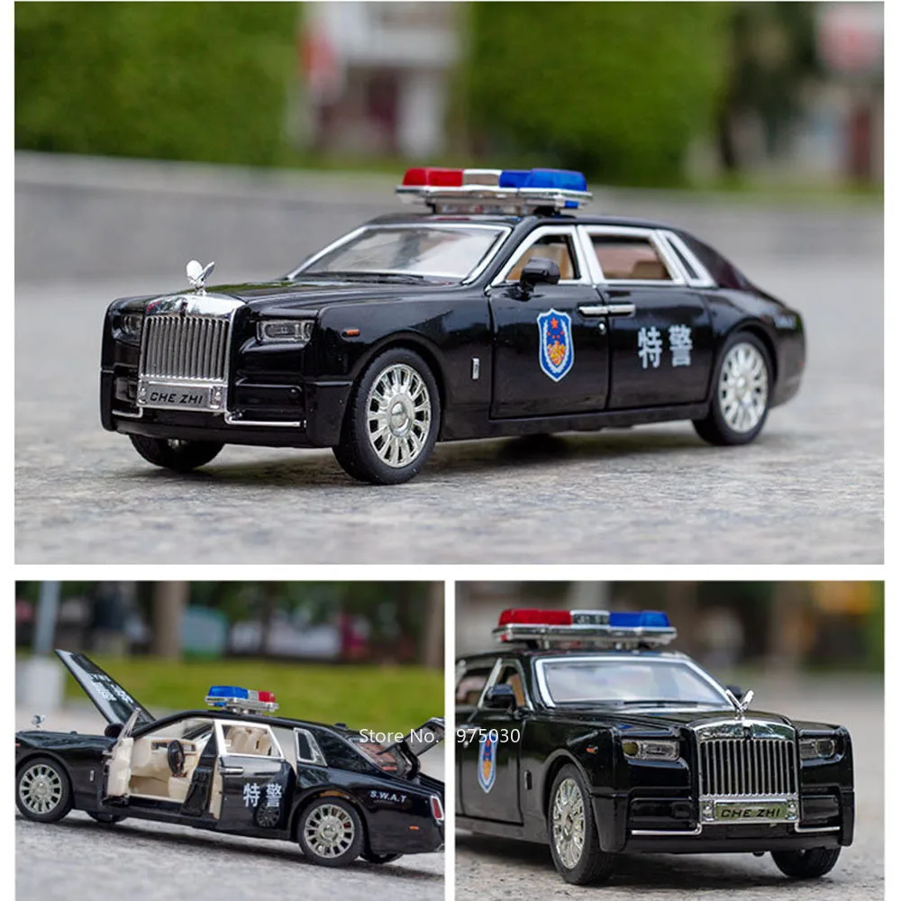 1:32 Rolls-Royce Phantom Alloy Police Cars Model Toy 6 Doors Opened Rubber Tires Vehicle Light Music Toy for Boys Festival Gifts