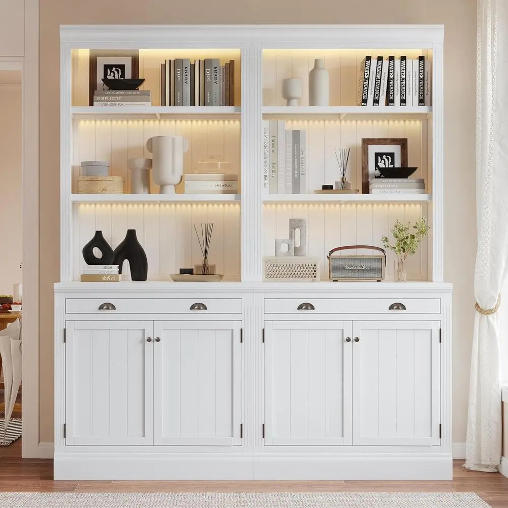 

83.4 High Solid Wood White Bookcases with LED Lights, Storage Cabinets, and Adjustable Shelves for Living Room and Office
