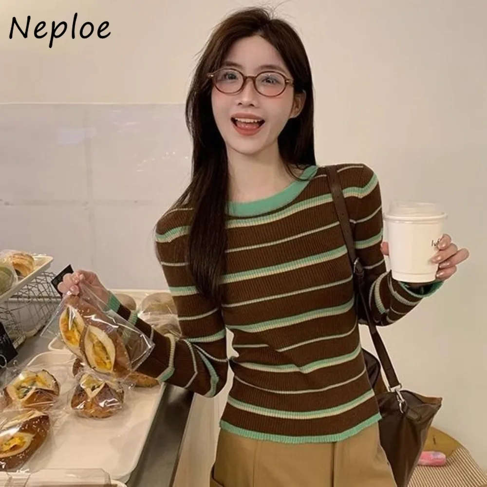 

Neploe Panelled Stripe O Neck Long Sleeve Jumper Knit Undershirt Autumn Korea Chic Knitted Small Fellow Short Slim Fresh Mujer