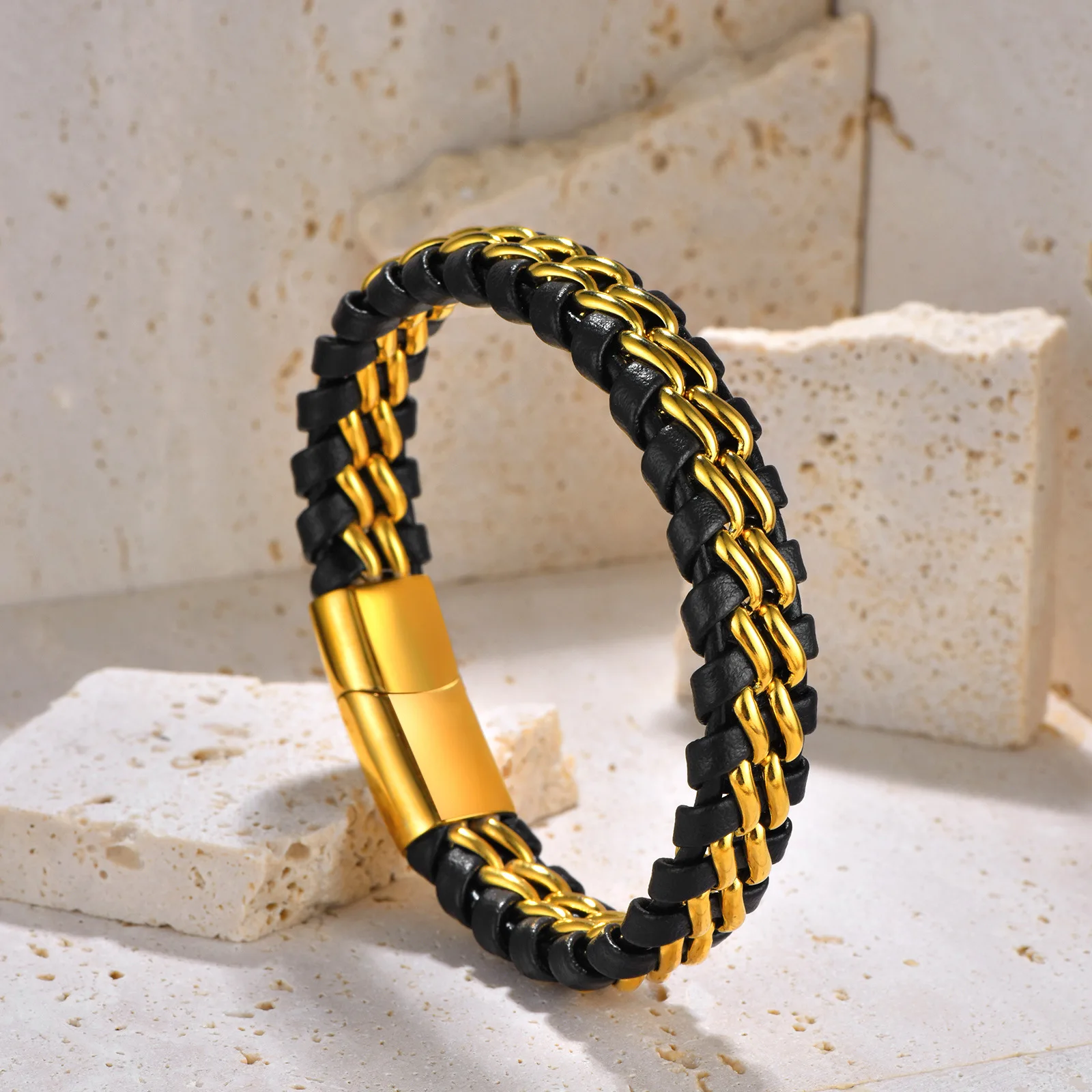 High Quality Jewelry Gold Plating Chain Stainless Steel Genuine Leather Bracelets