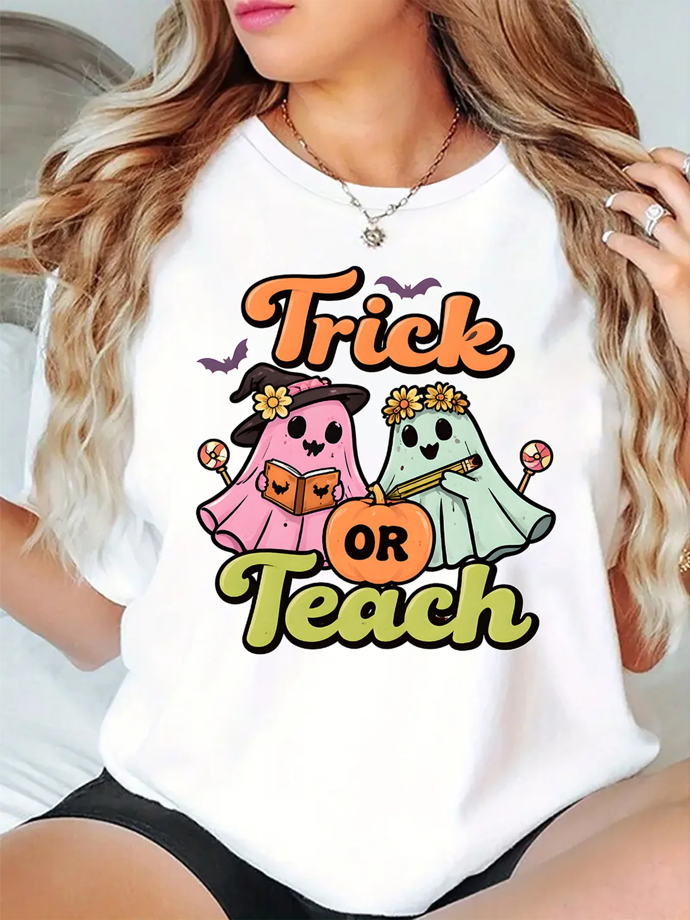Trick Or Teach Cute Ghost Pumpkin Bat Halloween Graphic Womens T Shirt Short Sleeve Crew Neck Teacher Casual Ladies Tee Tops