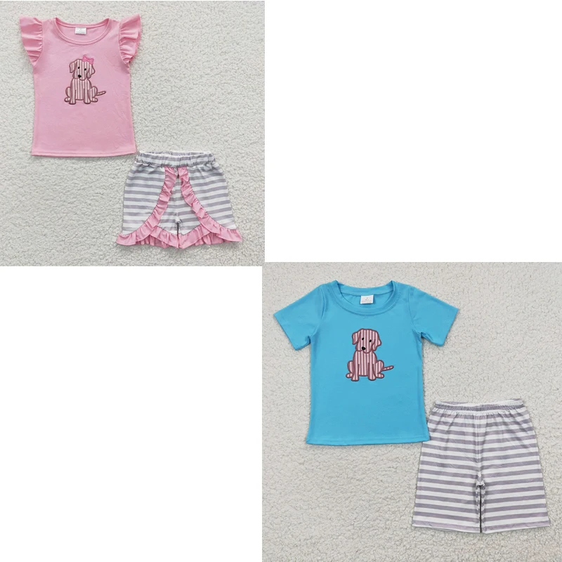 

Wholesale Baby Girl Boy Summer Short Sleeves Matching Set Embroidery Dog Cotton Shirt Tee Kid Striped Shorts Children New Outfit