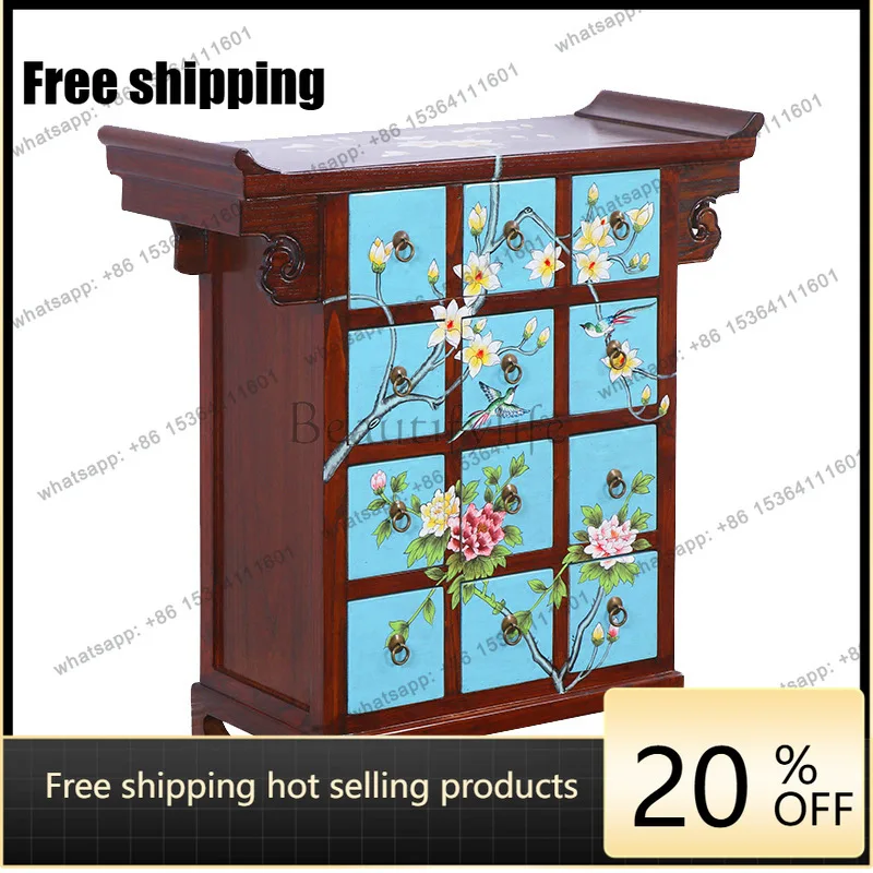 LS new Chinese-style entrance cabinet, painted storage decoration, multi-pump solid wood retro painted entrance cabinet