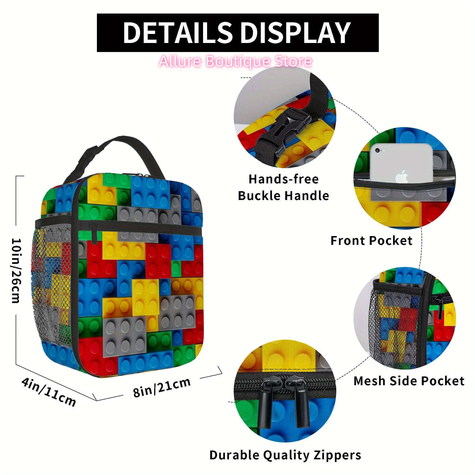 1pc, Colorful Building Blocks Pattern Printed Thermal Bag, Insulated Bag, No Food Contact, Suitable for Home, Restaurant, Office