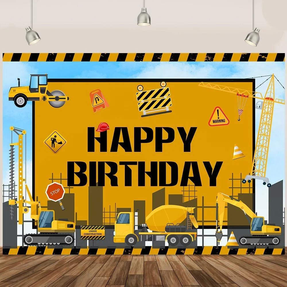 

Construction Boys Birthday Party Backdrop Decorations Vinyl Yellow Excavator Truck Photography Background Props Booth