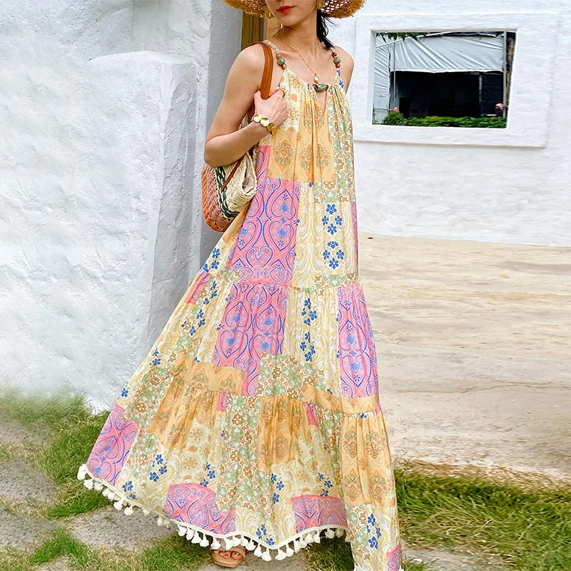 vintage boho floral printed maxi dress Summer Women Spaghetti Strap Beach Vacation Bohemian ladies Dresses