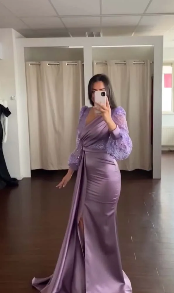 Sumnus Purple Satin Mermaid Evening Dresses Long Sleeve Side Slit Saudi Arabic Evening Prom Dress Long Dubai Formal Gowns