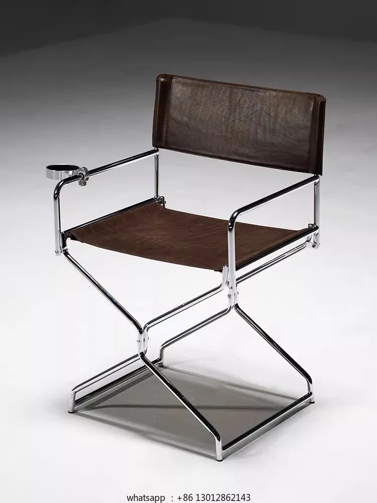 

Oil Wax Fabric Minimalist Metal Dining Chair Small Household Foldable Dining Chair Home Reclining Chair