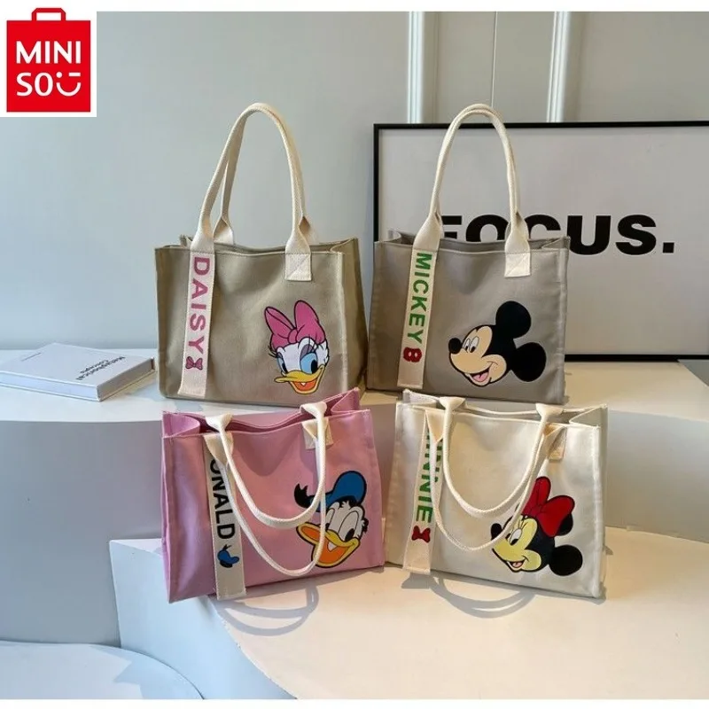 

MINISO Disney High Quality Canvas Large Capacity Handbag for Women's Cute Mickey Donald Duck Printed Casual Storage Tote Bag