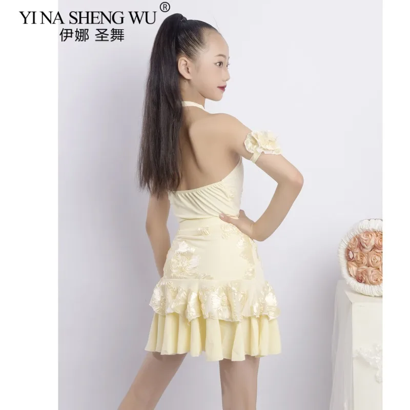 جديد طفل فستان رقص اللاتينية أكمام الرسن ارتداءها تنورة مجموعة الفتيات أوف وايت عارية الذراعين فستان الرقص المنافسة أداء ارتداء